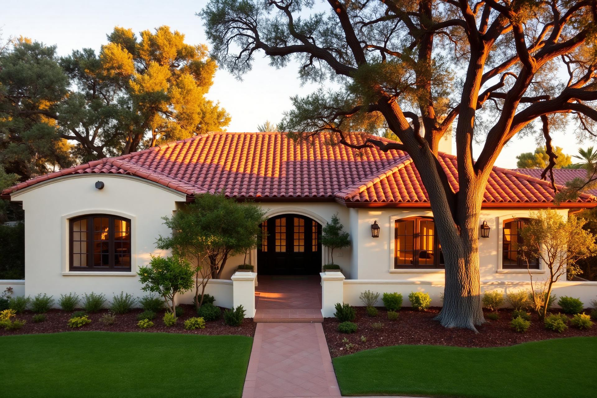 Established Spanish Mediterranean home on the San Francisco Peninsula at golden hour
