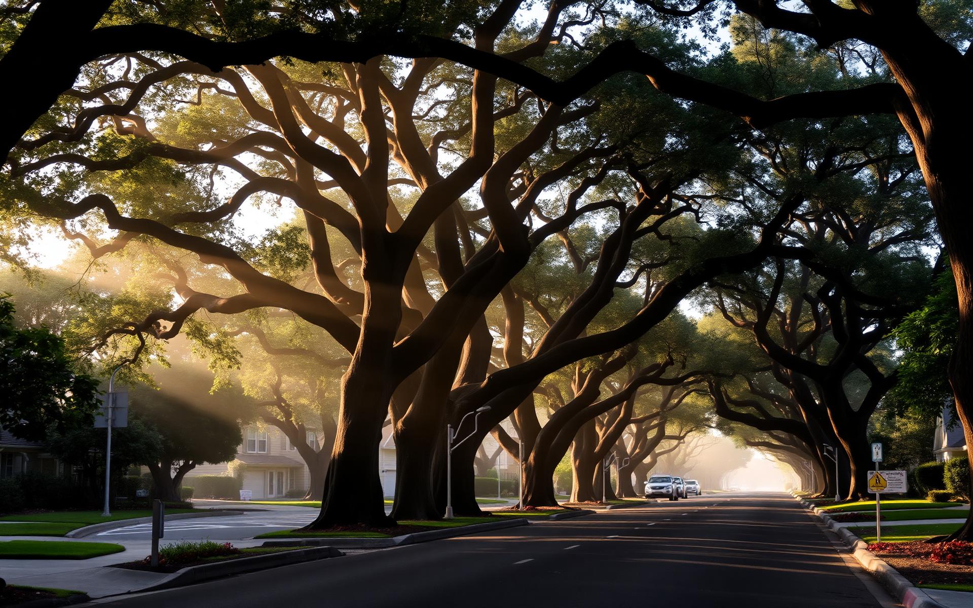 Tree-lined Peninsula residential street in soft morning light